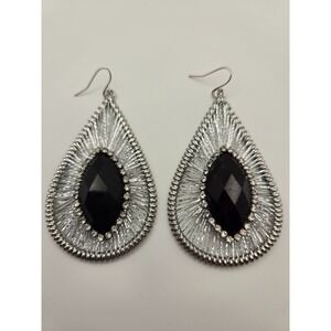 Silver tone teardrop sparkle string design earrings w/black faux rhinestone